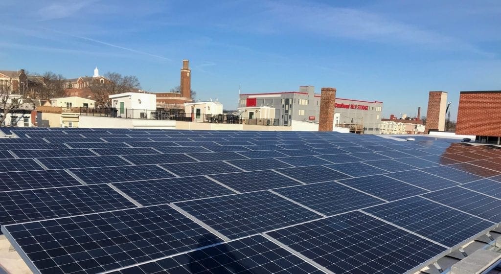 Commercial building rooftop solar array Washington DC