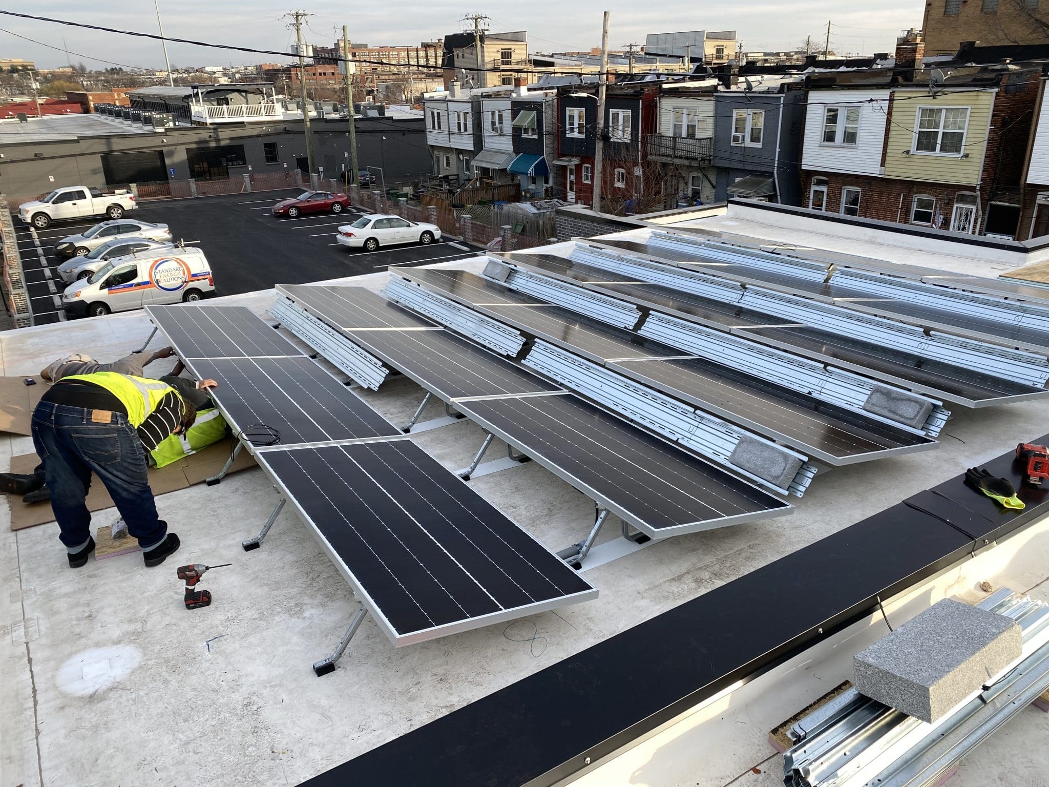 Mid-installation Eaton Street warehouse turned office building now powered by solar